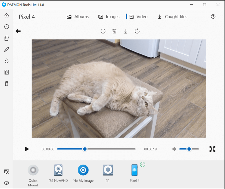 Catch! built-in video player previewing media from a connected phone